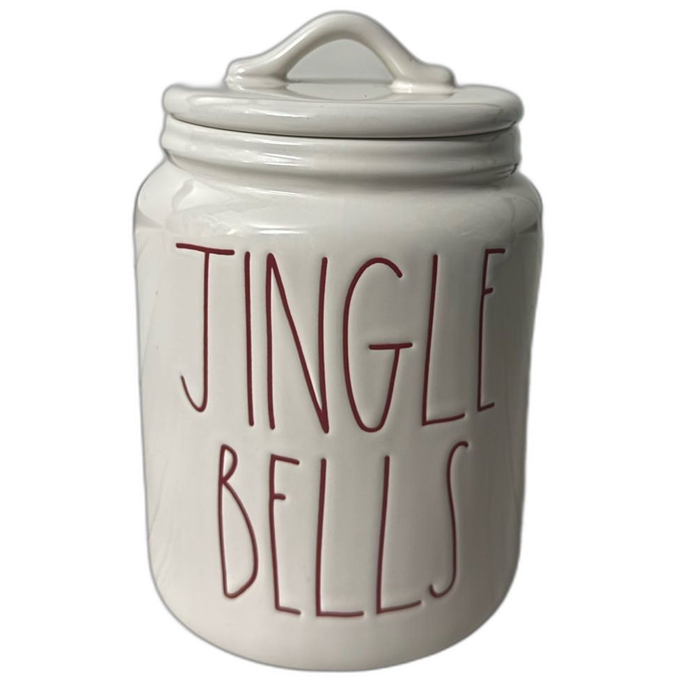Rae Dunn MEDIUM JINGLE BELLS Lidded Canister White w/Red Letter Ceramic 8"x5"